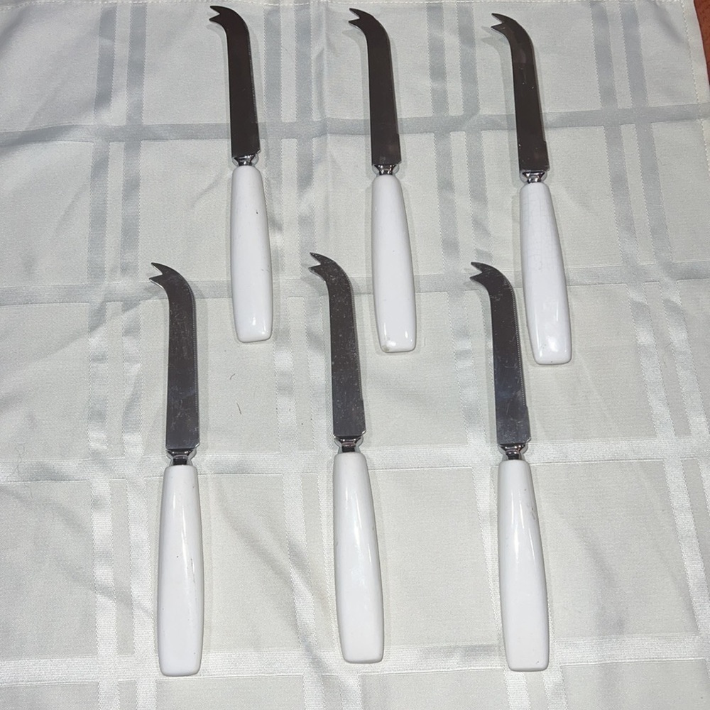 Set of 6 Sheffield England Curved Tip Knife Knives White Ceramic Handle